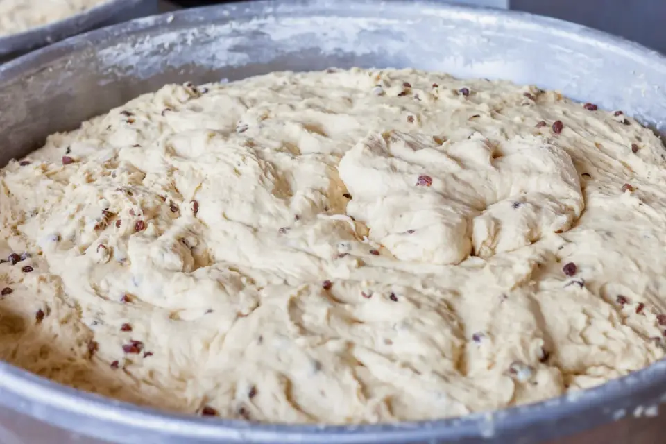 A ball of raw yeast dough rising in a glass bowl on a kitchen counter