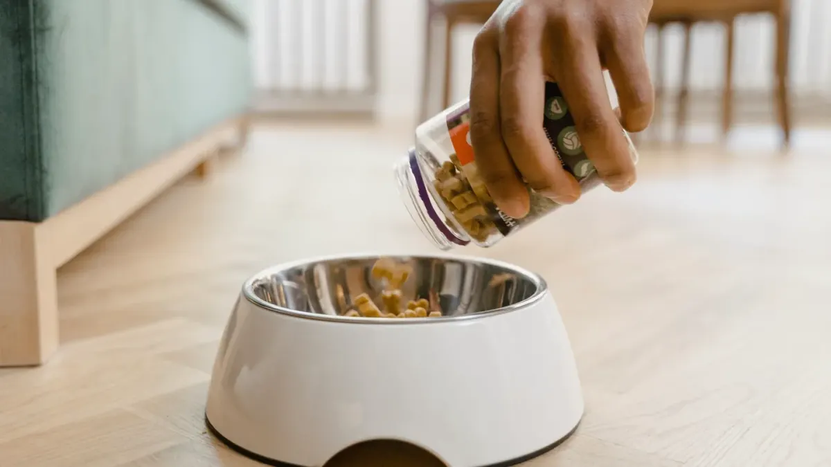 A dog eating kibble from a bowl set on a textured floor mat in a home kitchen