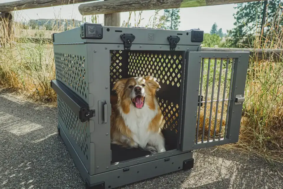 A dog lying down and licking a textured silicone mat inside its crate