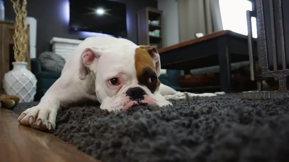 A dog standing alert and pacing in a dimly lit living room in the evening