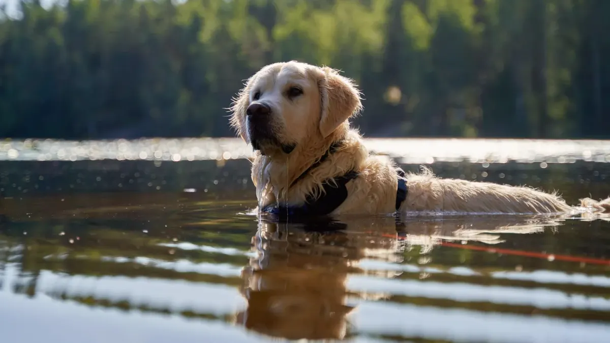 A golden retriever paddling through calm lake water near a grassy shoreline