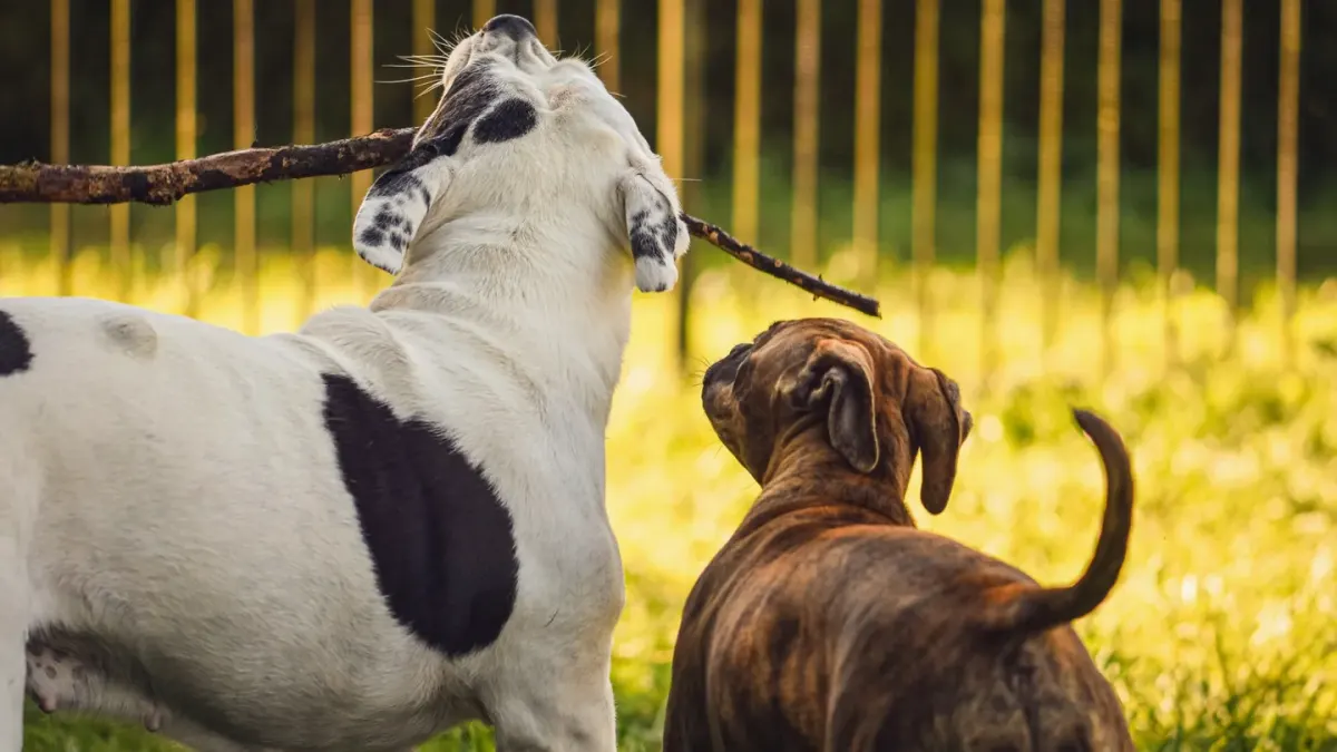 A male and female dog of similar size playing together outdoors