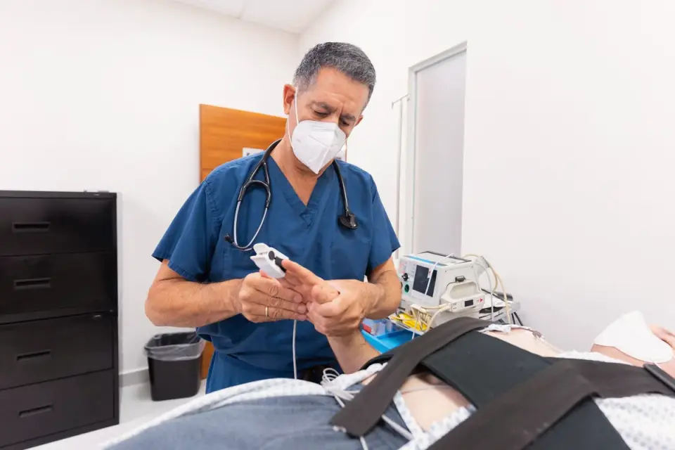 A veterinarian listening to a dog's abdomen during an exam