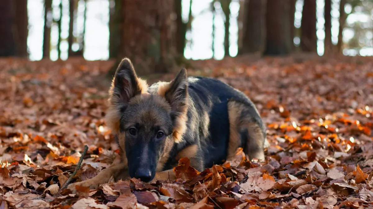 Dog playing in leaves