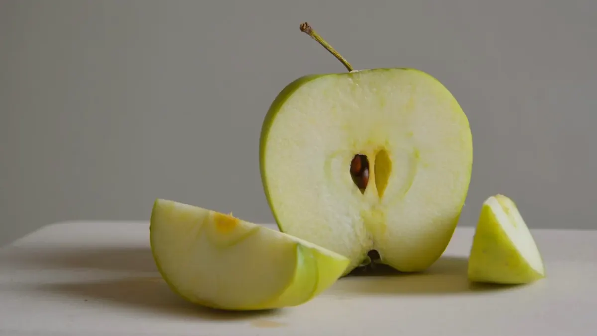 Fresh apple slices arranged next to a stainless steel dog bowl on a kitchen counter