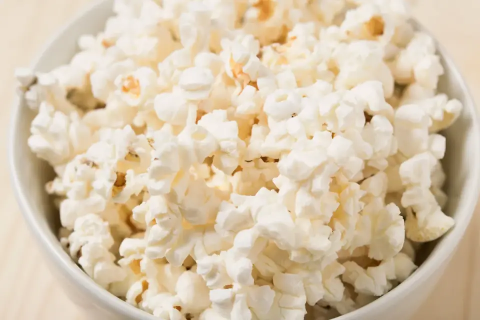 Unpopped popcorn kernels scattered on the floor near a dog&#x27;s food bowl